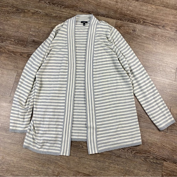 Talbots Cardigan Women 1X White Gray Striped Long Lambswool Nylon Open Front - Picture 1 of 8